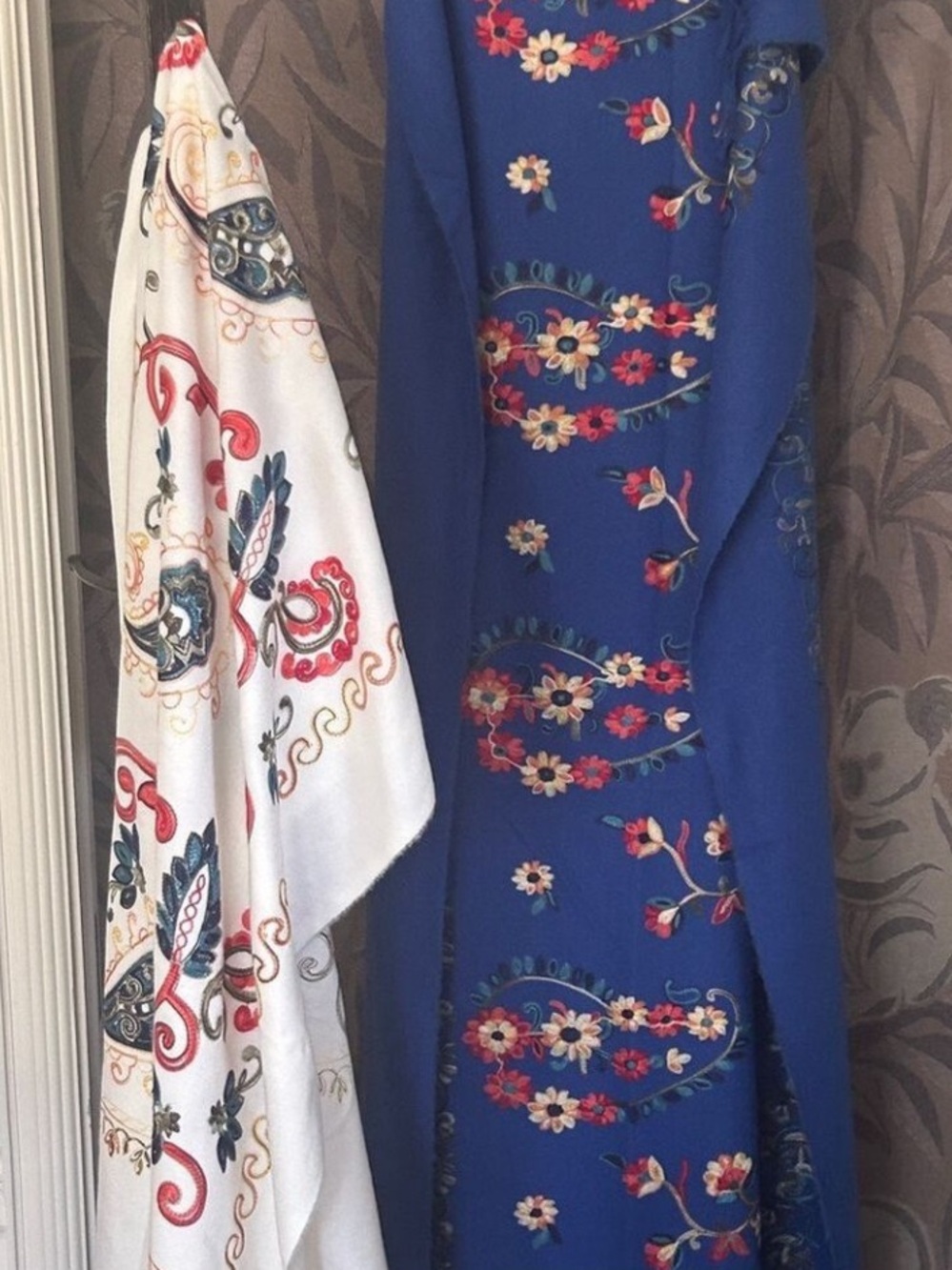Jessica McClintock Otomi Embroidery Scarf Blue Fabric with Floral Paisley Design